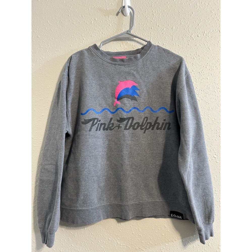Pink Dolphin Graphic Print Fleece Crewneck Gray Long Sleeve Sweatshirt womens